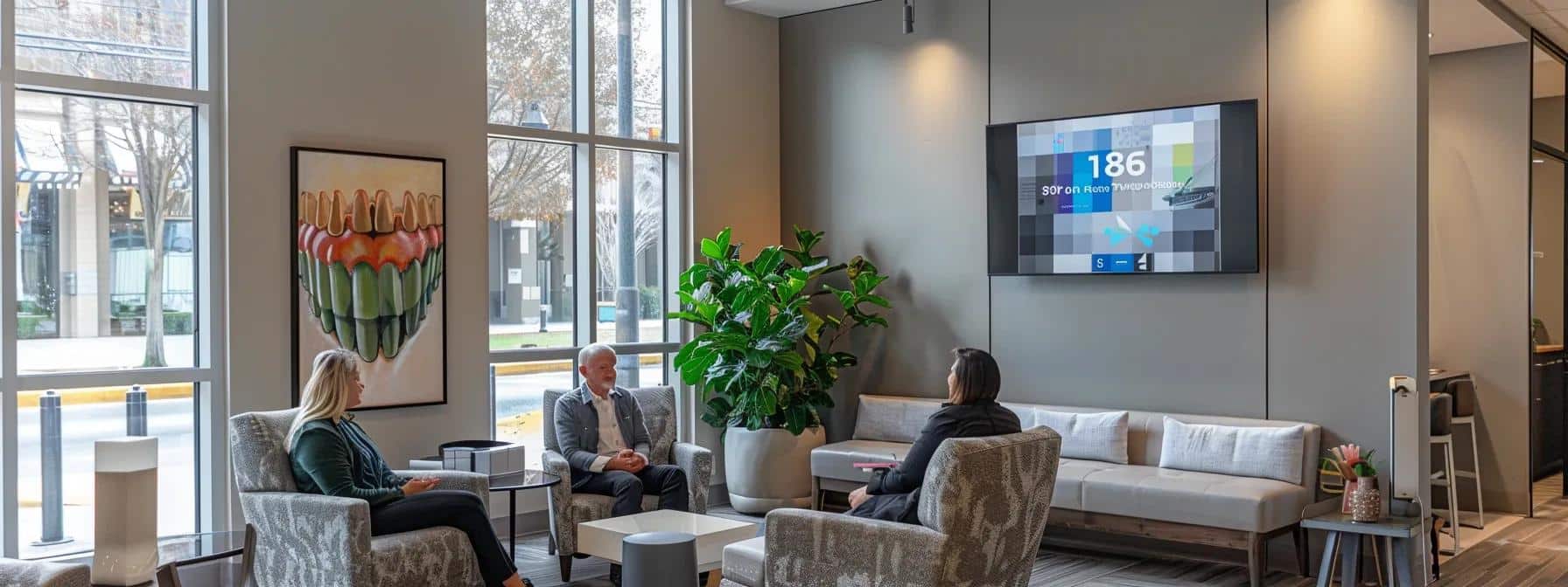 a modern dental office interior, showcasing a confident patient discussing the benefits of dental implants with a professional dentist, surrounded by advanced dental technology and informative charts on the wall that emphasize improved chewing efficiency and bone preservation.
