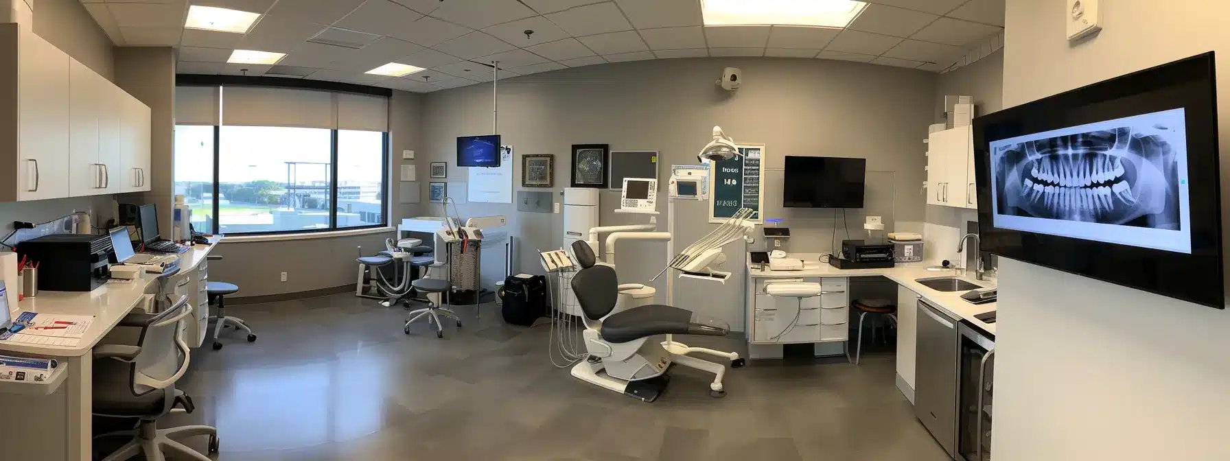 a modern dental office setting showcases a confident periodontist discussing advanced implant procedures with a patient, surrounded by high-tech equipment and digital imaging displays emphasizing their specialized role in dental care.
