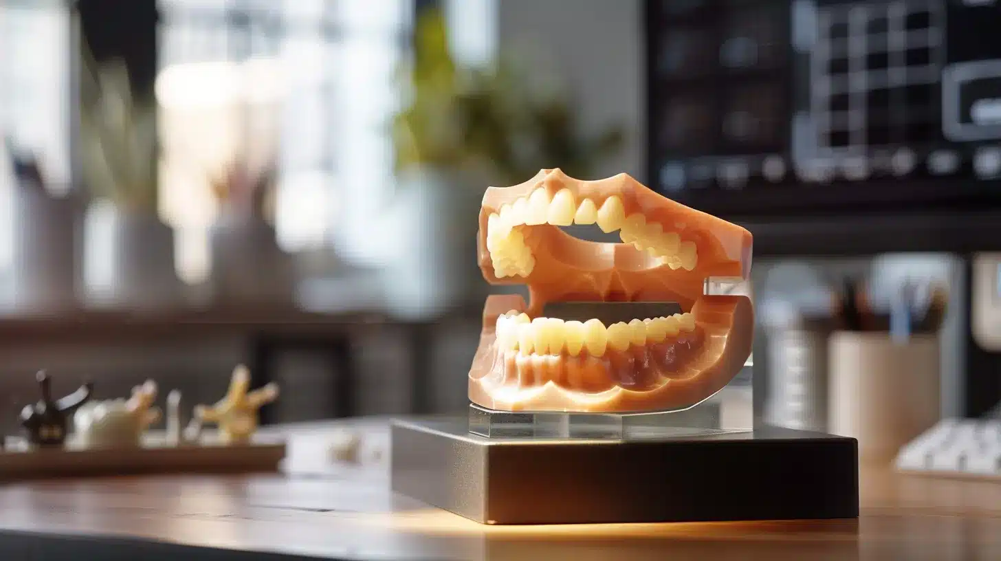 a modern dental office setting showcases a highly detailed model of dental implants alongside a digital display illustrating jawbone health and hygiene practices, emphasizing the technical aspects of successful tooth replacement.