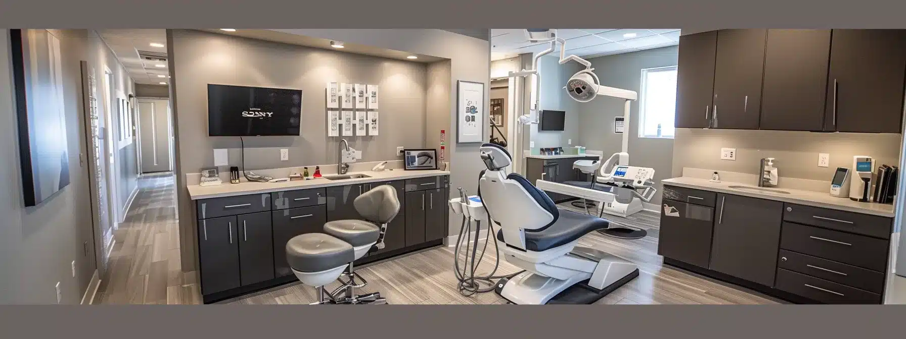 a modern dental office setting features a dental professional examining advanced imaging technology while discussing the treatment plan for a patient with gum infection, highlighting the importance of addressing oral health before dental implant surgery.