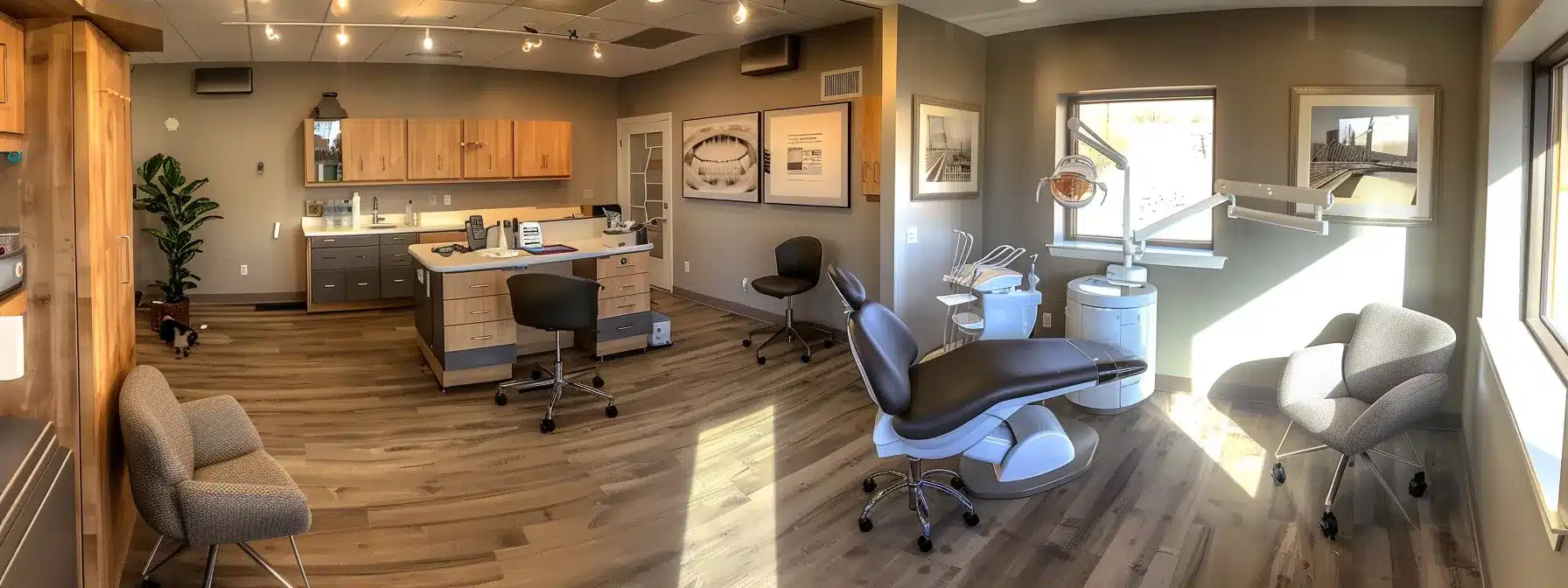 a modern dental office showcases a bright, immaculate treatment room with advanced dental tools and a patient reclining comfortably in a sleek chair, highlighting the importance of effective dental implant maintenance through advanced care techniques and professional hygiene practices.