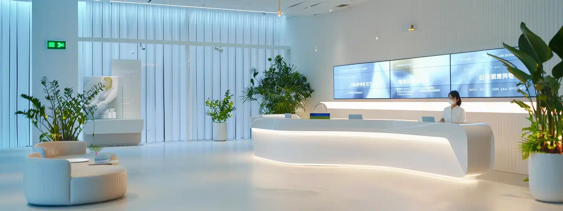 a modern dental office waiting area, featuring a friendly receptionist at a sleek front desk, digital screens displaying informative dental care tips, and comfortable seating that exudes warmth and professionalism, all set against a backdrop of bright, cheerful decor.