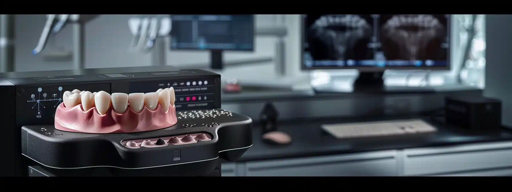 a modern dental office with a sophisticated dental chair and advanced imaging equipment, highlighting a detailed close-up of a dental implant surrounded by lush, healthy gum tissue, while a digital display in the background illustrates genetic variations impacting dental aesthetics.