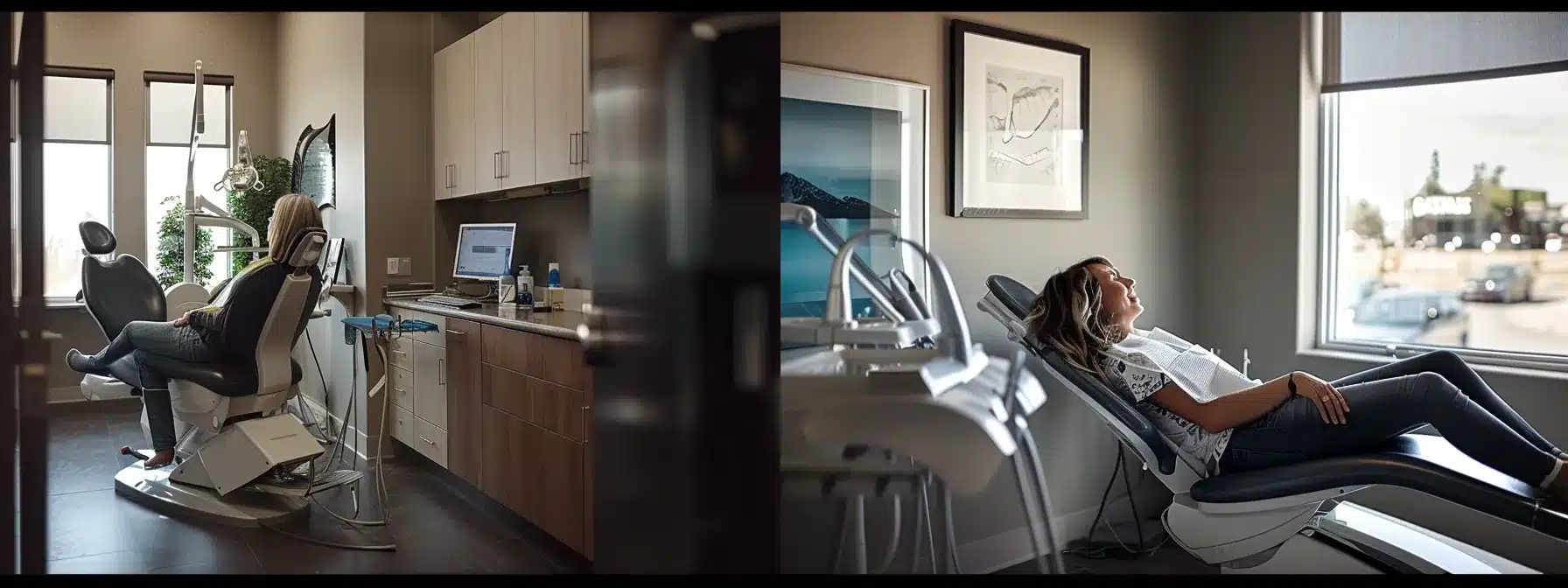 a modern dental office with a patient reclining in a sleek treatment chair, surrounded by advanced dental equipment and a dentist demonstrating proper oral hygiene techniques post-implant surgery, highlighting the importance of recovery and maintenance for successful dental implants.