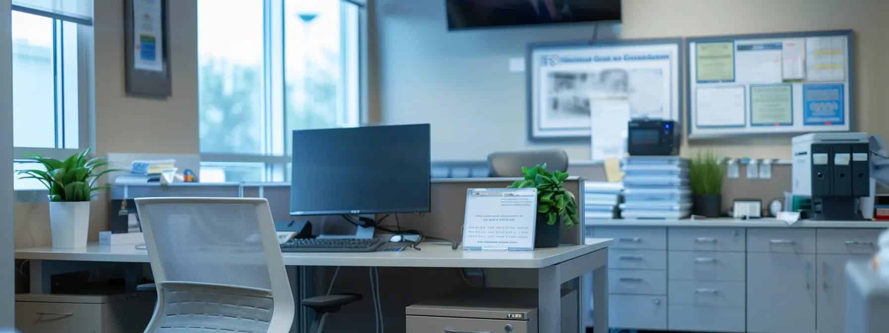 a modern office setting showcases a financial counselor engaged in a video consultation, surrounded by informative brochures on dental financing options and budgeting tools displayed on a sleek desk, emphasizing accessible financial guidance for dental care in texas.