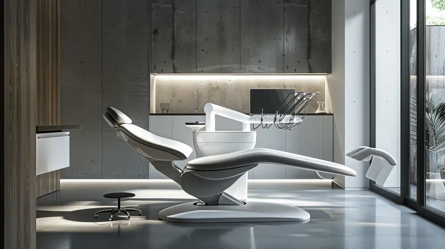 a polished dental clinic interior features a sleek consultation area with a modern dental chair, surrounded by informative visuals on dental implants and dentures, inviting patients to explore their smile restoration options in a professional and welcoming environment.