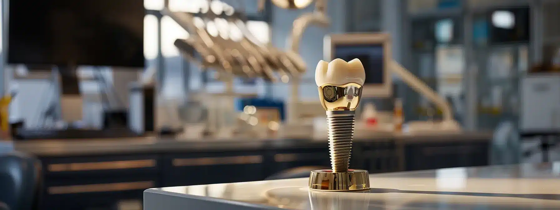 a polished dental clinic interior showcases a gleaming dental implant model on an elegant counter, highlighting its sophisticated design and durability against a backdrop of modern dental equipment and bright, professional lighting.