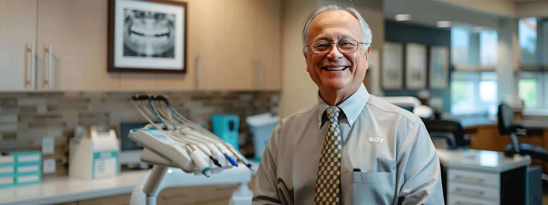 a polished dental clinic with a focus on a confident patient smiling broadly while wearing complete dentures, showcasing their restored oral function in a modern, well-lit treatment room filled with advanced dental technology and elegant decor.