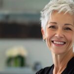 a polished dental office showcases a confident middle-aged patient smiling broadly, displaying a flawless set of dentures against a backdrop of sleek, modern dental equipment.