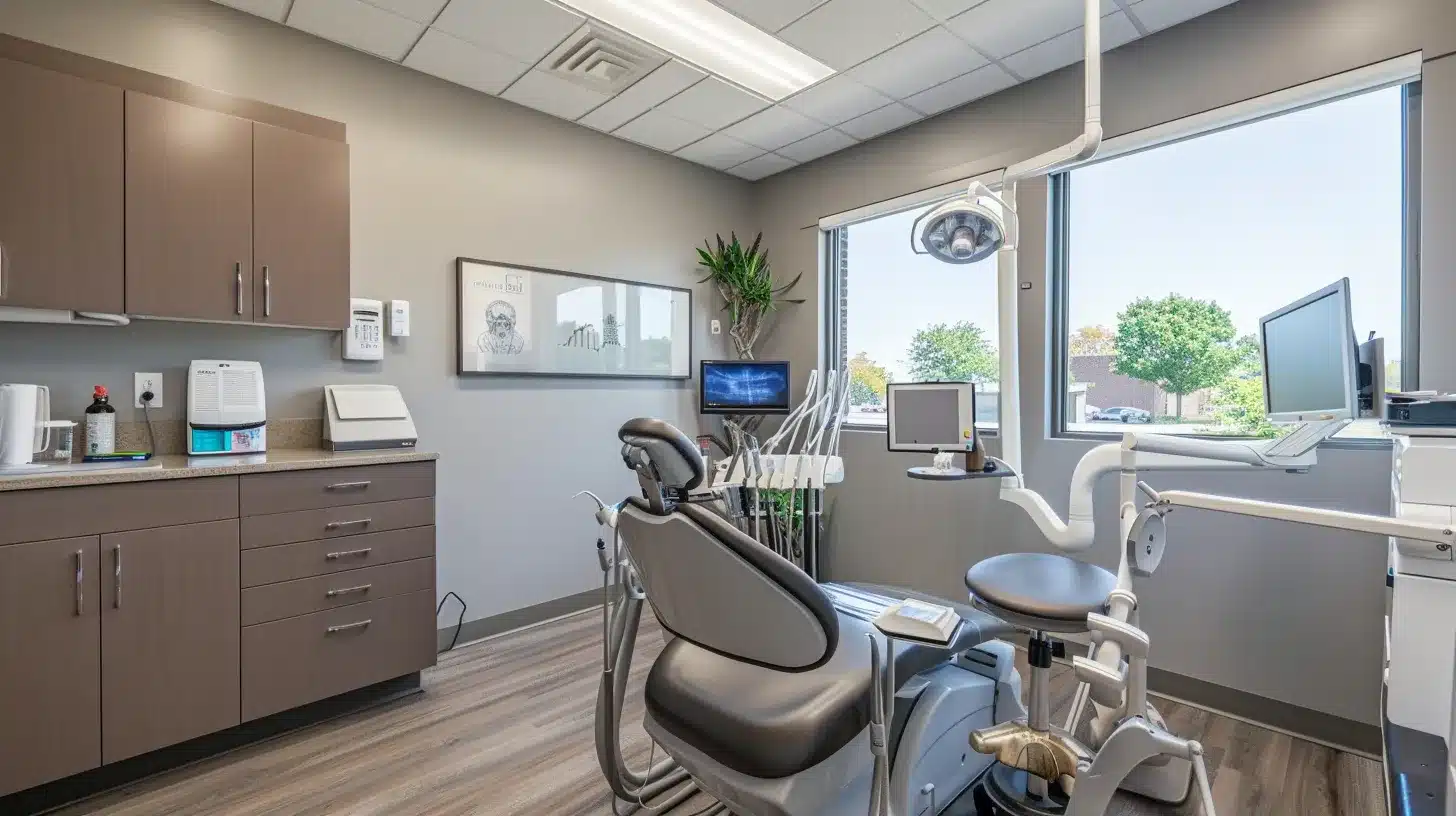 a professional dental consultation room is depicted, featuring a dentist discussing treatment options with a middle-aged patient, illuminated by bright, sterile lighting and modern dental equipment in the background, emphasizing the informed decision-making process regarding dental implants.