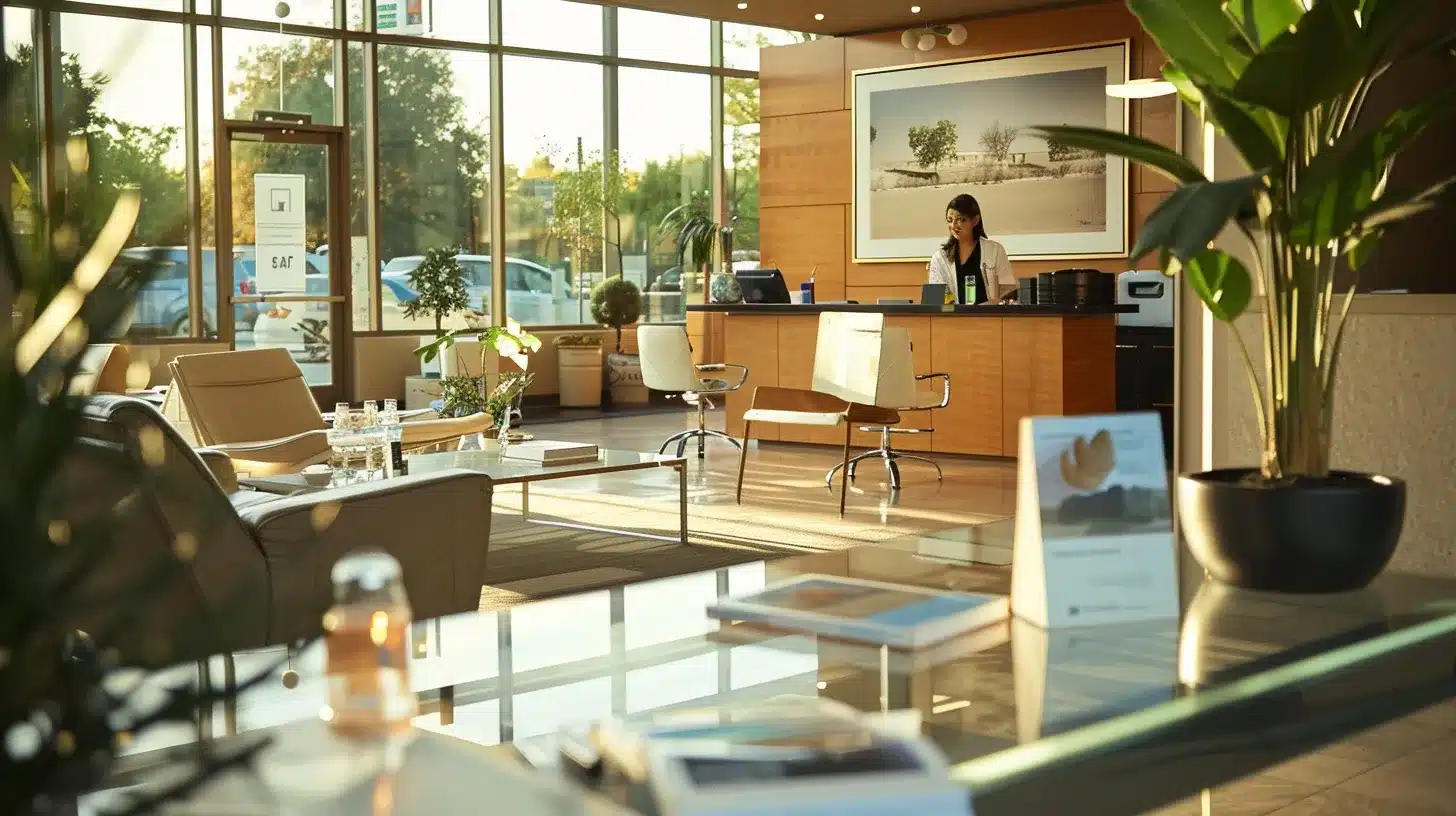 a professional dental office setting features a modern consultation area, where a friendly dentist discusses various insurance and payment options for cosmetic dentistry, with informative brochures displayed on a sleek glass table, conveying a reassuring and informative atmosphere.