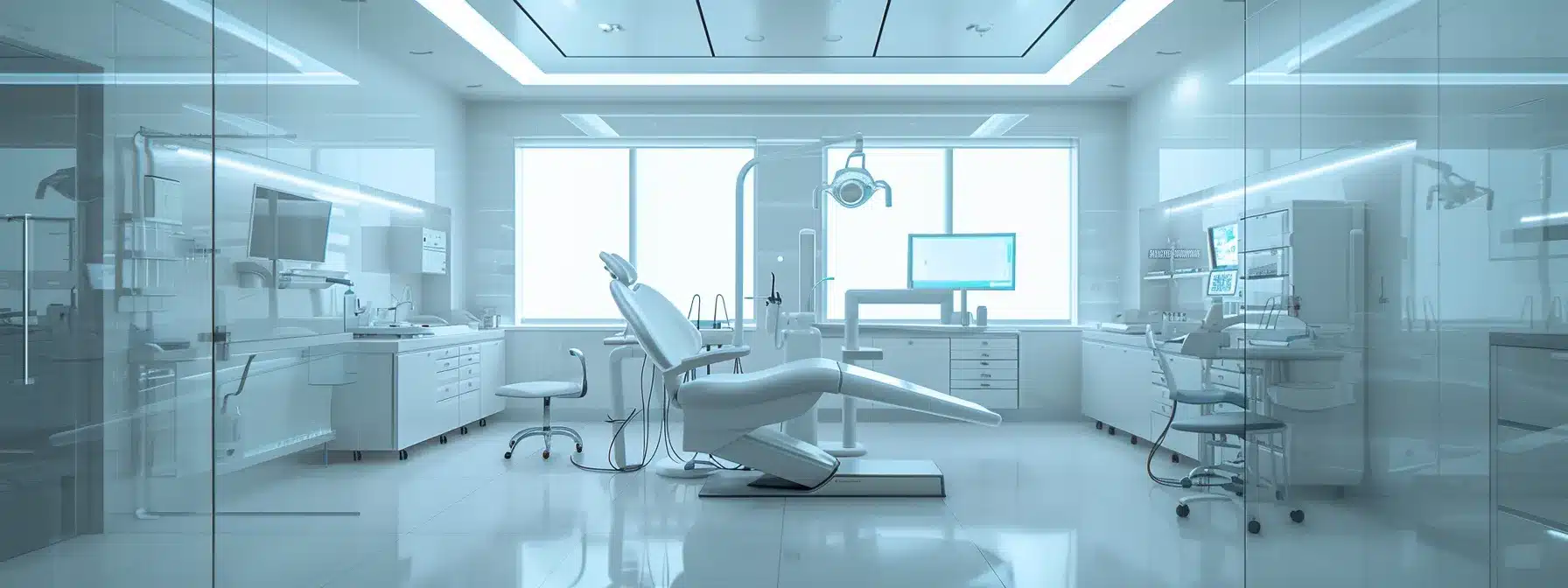 a sleek dental clinic interior showcases a state-of-the-art dental implant procedure, featuring a modern dental chair, advanced imaging equipment, and a clean, sterile environment that emphasizes professionalism and patient care.