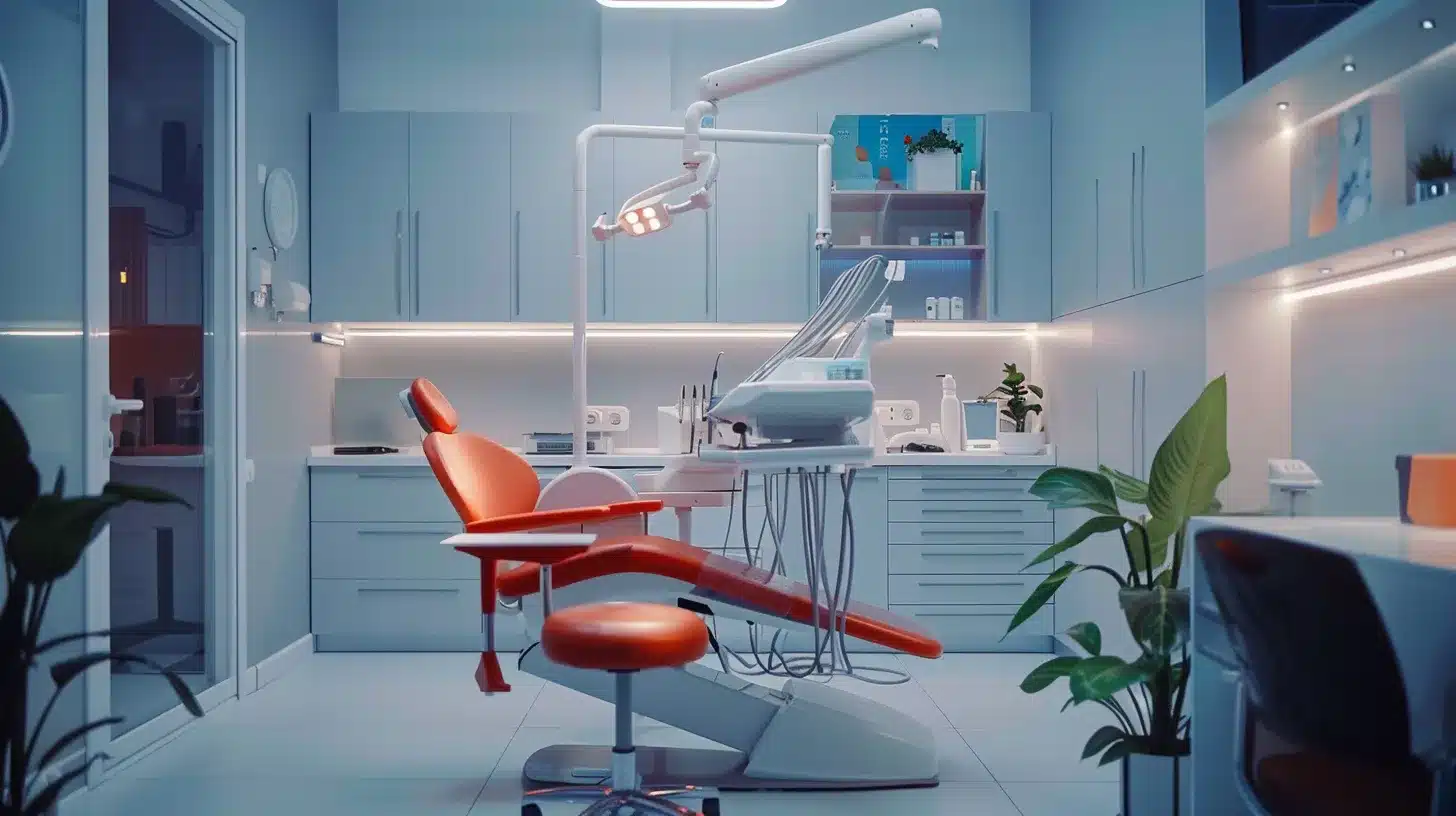 a sleek dental clinic interior features a modern dental chair and advanced imaging equipment, illuminated by bright, clean lighting, conveying a professional environment for discussing dental implants and partial dentures.