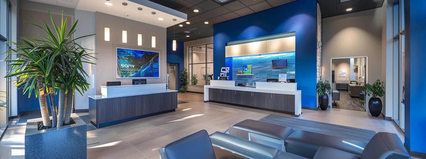a sleek dental clinic interior showcases a confident patient examining their radiant smile in a modern mirror, surrounded by advanced dental technology illustrating the transformative impact of tooth replacement options like implants and bridges.