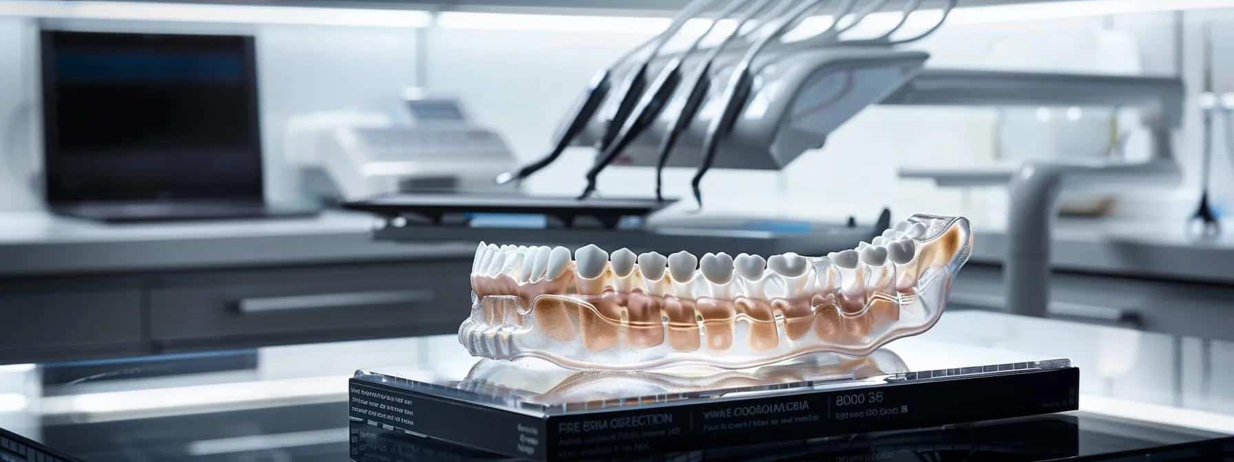 a sleek dental clinic interior showcases a modern dental chair surrounded by high-tech imaging equipment and a display featuring detailed models of dental implants, bridges, and dentures, illustrating their intricate structures and differences.