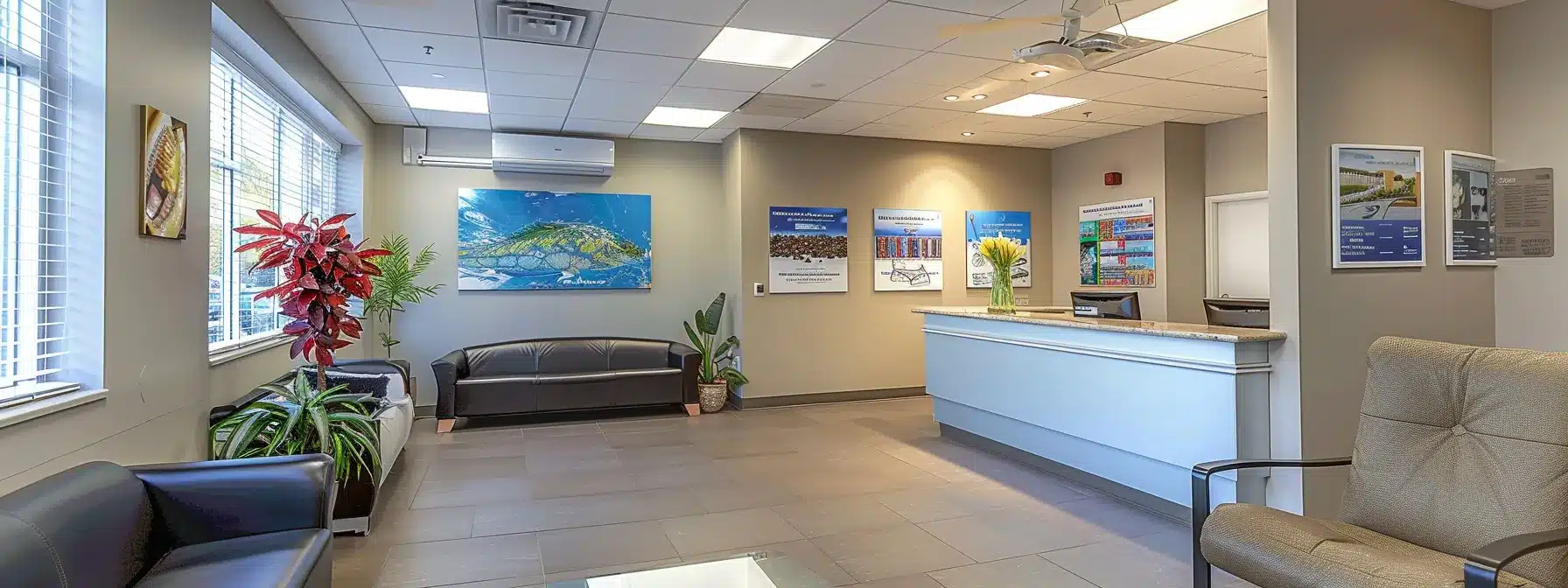 a sleek dental clinic interior features a confident dr. lee discussing dental implants with a patient, illuminated by contemporary lighting that highlights dental equipment and educational charts about gum disease and oral health.