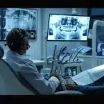 a sleek dental clinic interior showcases a patient reclining in a modern examination chair, surrounded by advanced imaging equipment and a focused dentist examining an x-ray, emphasizing the theme of dental implant longevity and potential issues.