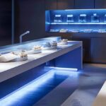 a sleek dental clinic room showcases a polished countertop featuring an array of high-quality, lifelike dentures displayed on elegant stands, illuminated by soft, modern lighting that highlights their intricate details.