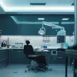 a modern dental clinic showcases a professional dentist engaging with a patient, demonstrating dentures and dental implants with precise models on a sleek table, highlighting their functional differences in a clean, clinical environment.