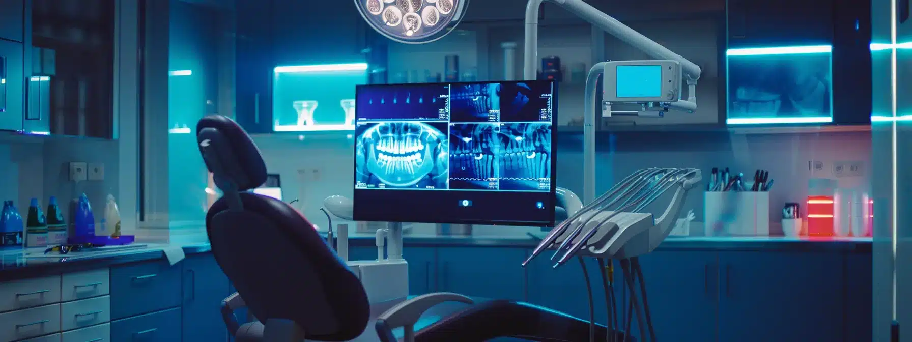 a sleek dental office featuring a modern treatment chair and a large monitor displaying a clear diagram of dental implants, illuminated by focused lighting that highlights the intricate components and surgical tools for a professional atmosphere.