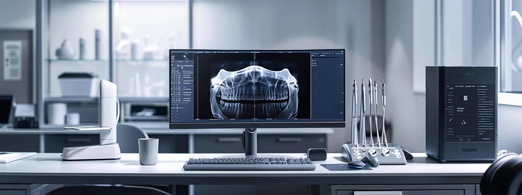 a sleek dental office featuring a state-of-the-art workstation with advanced cad/cam milling equipment and a computer displaying a detailed cone-beam ct scan, illustrating the intersection of modern technology and dental innovation.