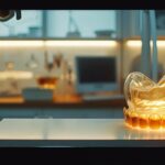 a sleek dental office, featuring a modern dental chair and precision instruments, illuminated by bright, clinical lighting, showcases an intricately designed set of dentures on a polished countertop, emphasizing their sophisticated craftsmanship and high cost.