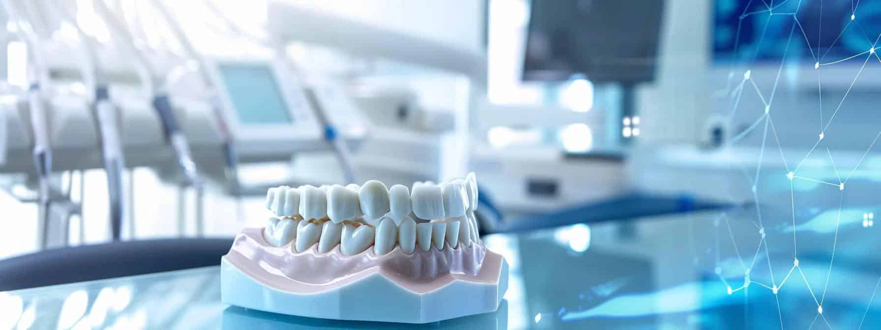 a sleek dental office in denton, tx, featuring advanced imaging equipment and a modern dental chair, showcases a smiling patient discussing their transition from dentures to precision dental implants with a knowledgeable oral health professional.