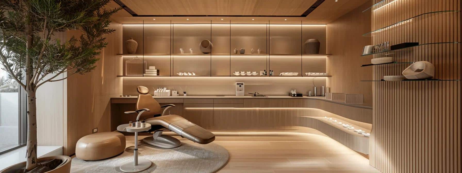 a sleek dental office interior showcases a well-organized consultation area with a modern dental chair and an array of denture materials displayed prominently, emphasizing the intricate factors influencing denture costs.