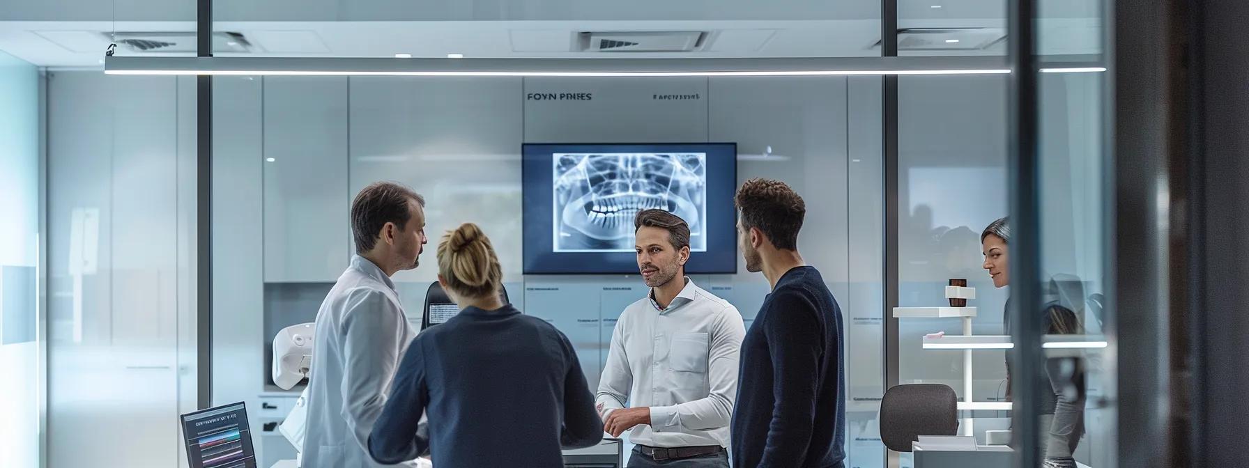 a sleek dental office interior showcases a collaborative team of specialists, including a prosthodontist examining a 3d cbct scan and a periodontist discussing treatment with a patient, all under streamlined, modern lighting that highlights their commitment to advanced dental care and precision.
