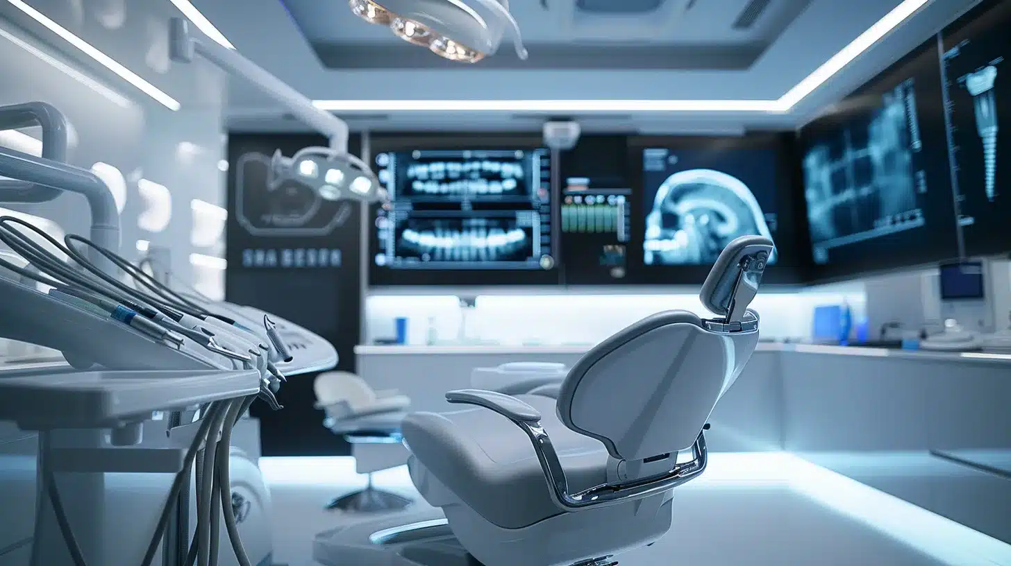 a sleek dental office interior featuring a modern dental chair and high-tech equipment, illuminated with soft overhead lighting, while a large screen displays informative graphics on dental implants and dentures, emphasizing their longevity and maintenance.