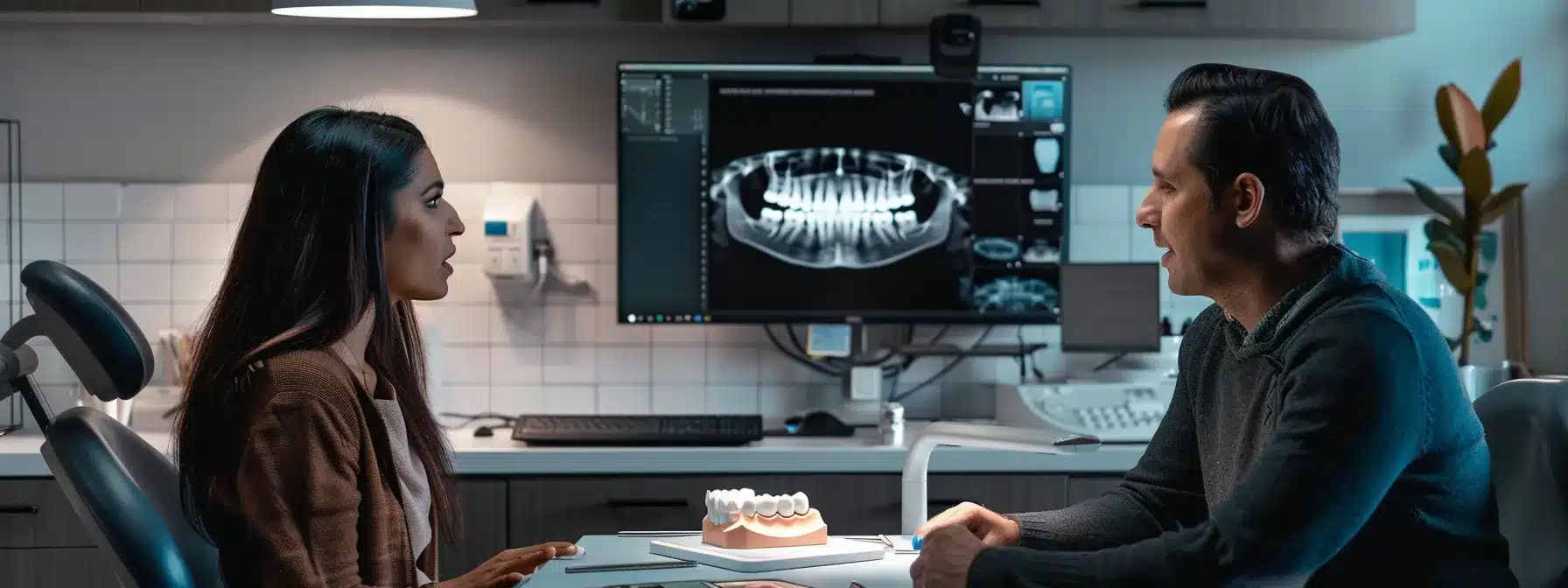 a sleek dental office showcases a confident patient consulting with a knowledgeable dentist about various innovative dental implant options, featuring realistic 3d models of single tooth implants and bridges prominently displayed on the desk under bright, clinical lighting.