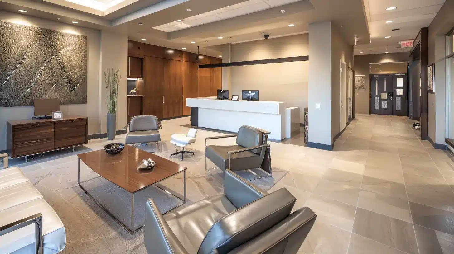 a sleek dental office with a modern, well-lit examination room showcasing a smiling patient receiving a fitting for elegant partial dentures made of porcelain and titanium, illustrating the benefits of affordability and comfort in dental solutions.