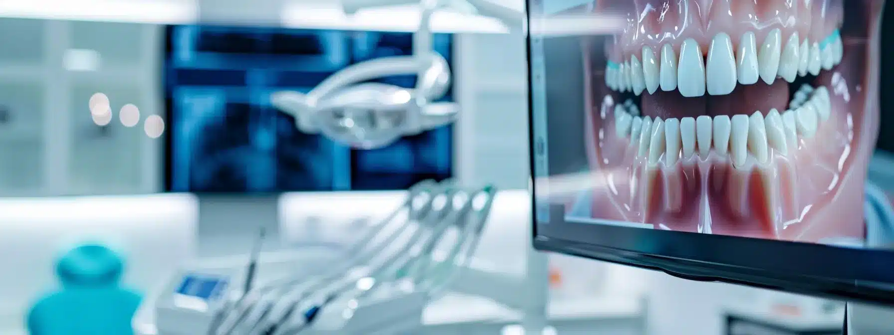 a sleek dental office with advanced equipment and an informative display board detailing the cost factors of dental implants, illuminated by soft overhead lighting to create a modern, professional atmosphere.