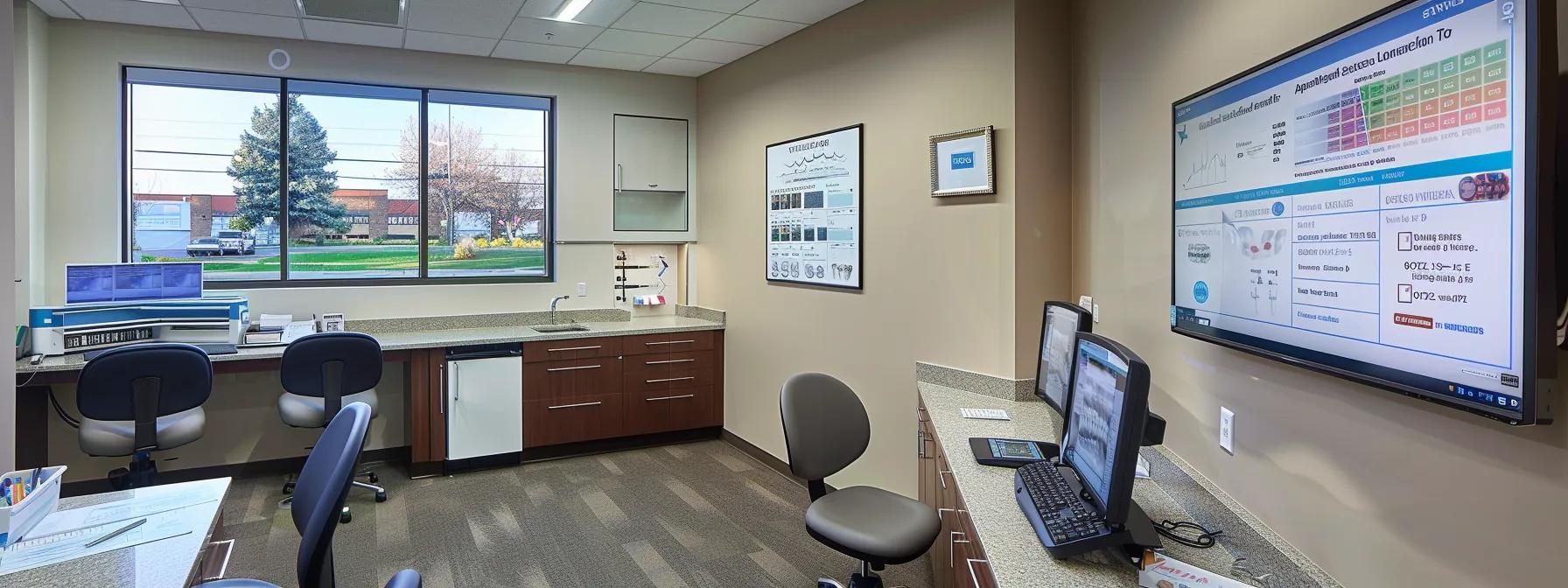 a sleek dentist's office features a modern treatment room with cutting-edge dental equipment and a chart on the wall illustrating cost-saving strategies for denture maintenance, emphasizing the importance of preventive care and intelligent material selection.
