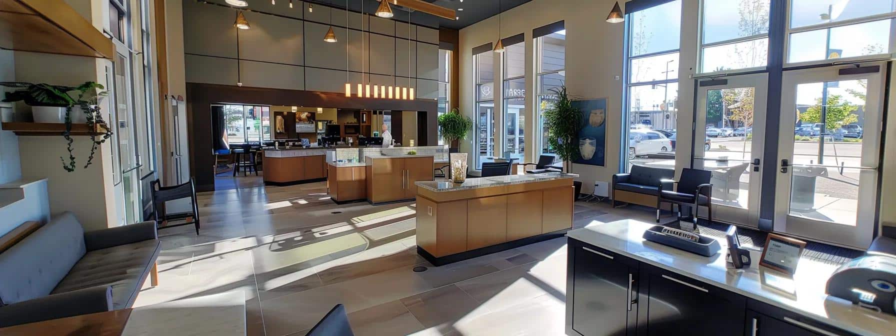 a sleek, modern dental clinic in haltom city, texas features advanced 3d imaging equipment and a digital workspace where a confident patient discusses personalized denture and implant options with a professional, surrounded by cutting-edge technology and a welcoming interior.