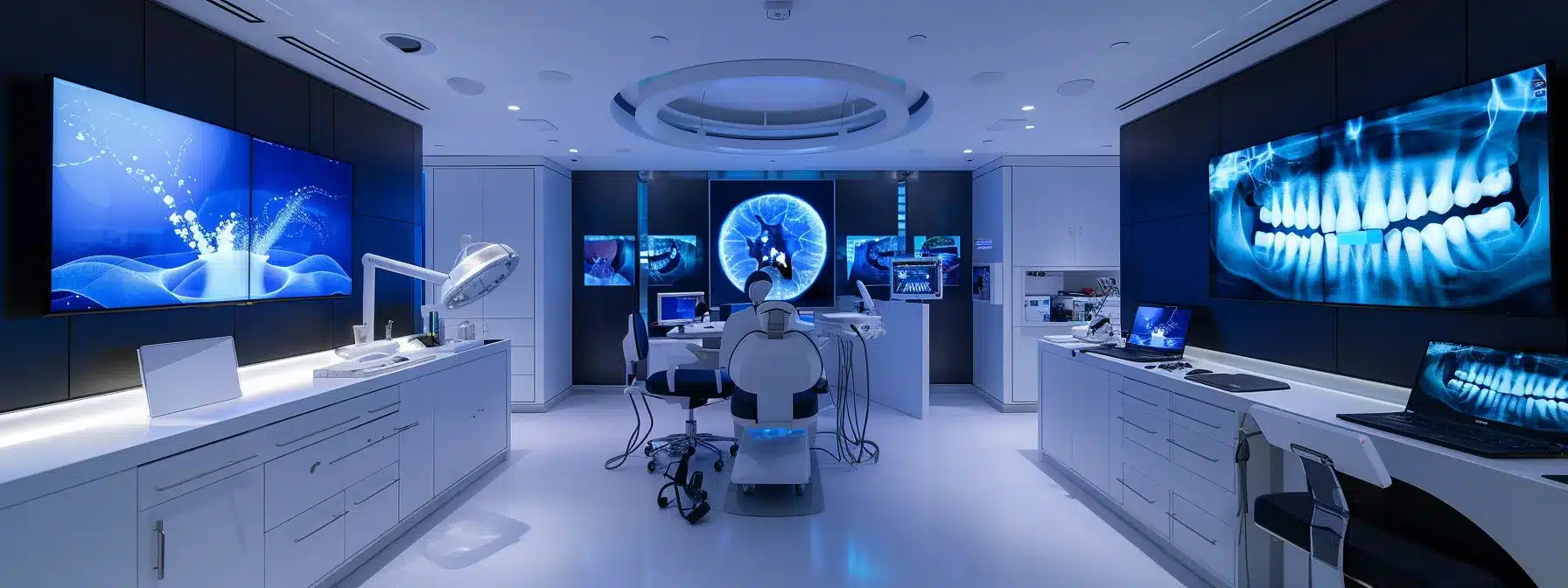 a sleek, modern dental clinic interior showcases dr. lee performing a dental implant procedure, highlighting advanced surgical tools and illuminated monitors that depict the precise drilling process, emphasizing the high-tech environment of oral restoration.