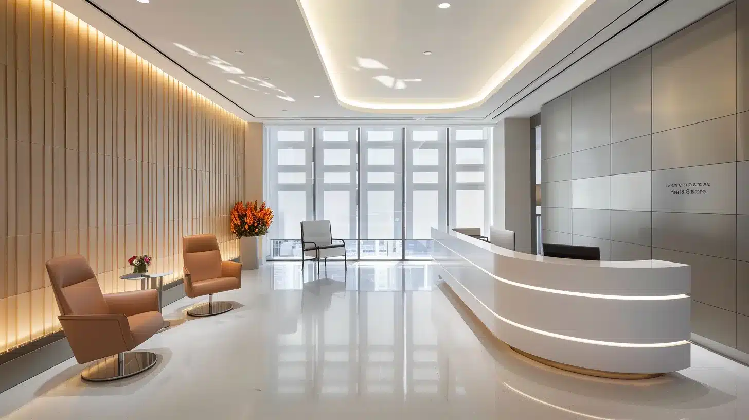 a sleek, modern dental clinic interior with bright, sterile equipment arranged neatly around a patient chair, emphasizing the advanced technology used in dental implants and creating an inviting atmosphere for patient consultations.
