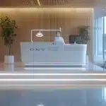 a sleek dental clinic interior features a confident dr. lee discussing dental implants with a patient, illuminated by contemporary lighting that highlights dental equipment and educational charts about gum disease and oral health.