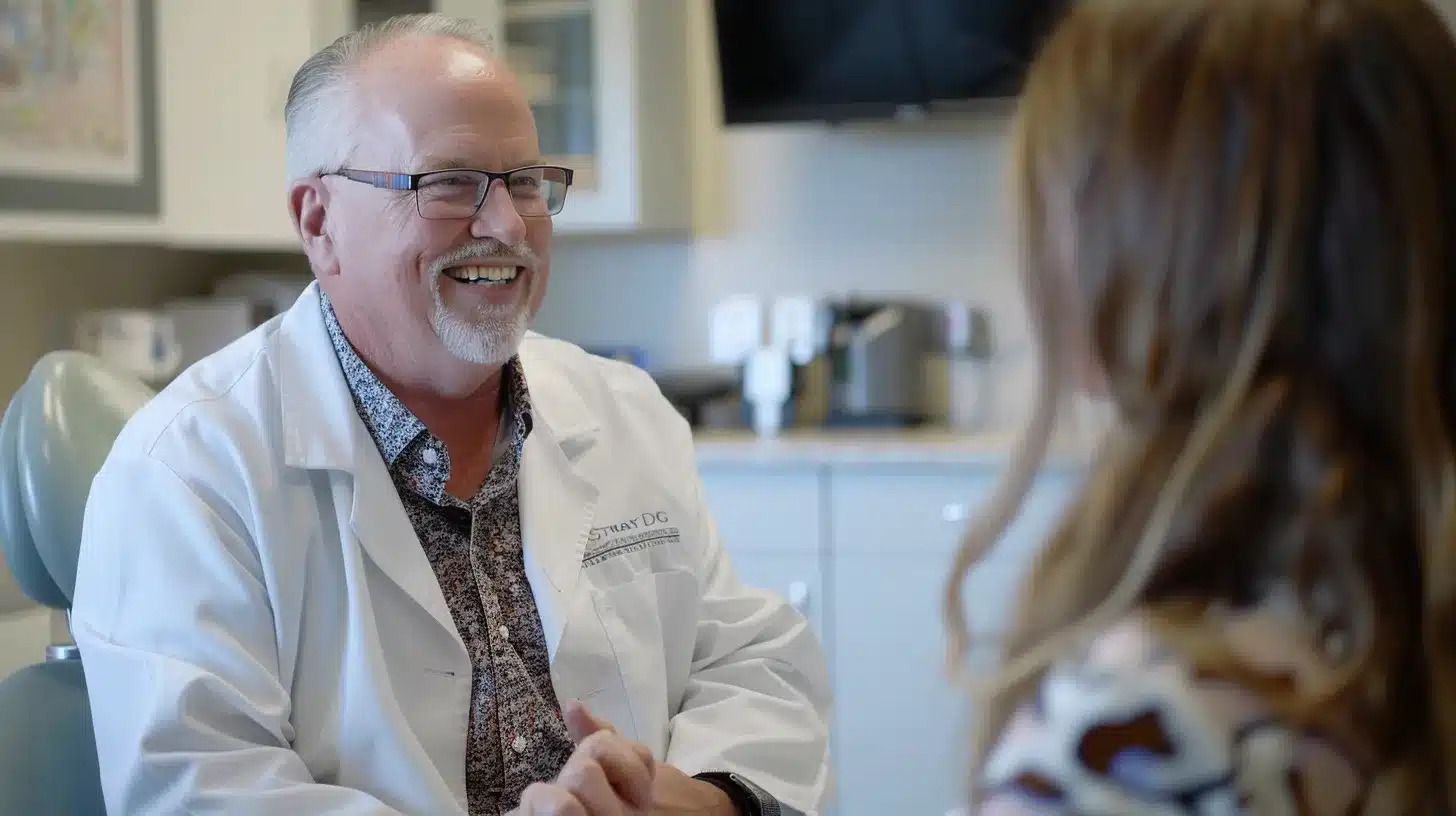 a sleek, modern dental clinic office showcases a confident patient discussing implant retained dentures with a knowledgeable dentist, surrounded by advanced dental technology and a bright, welcoming atmosphere that conveys professionalism and trust.