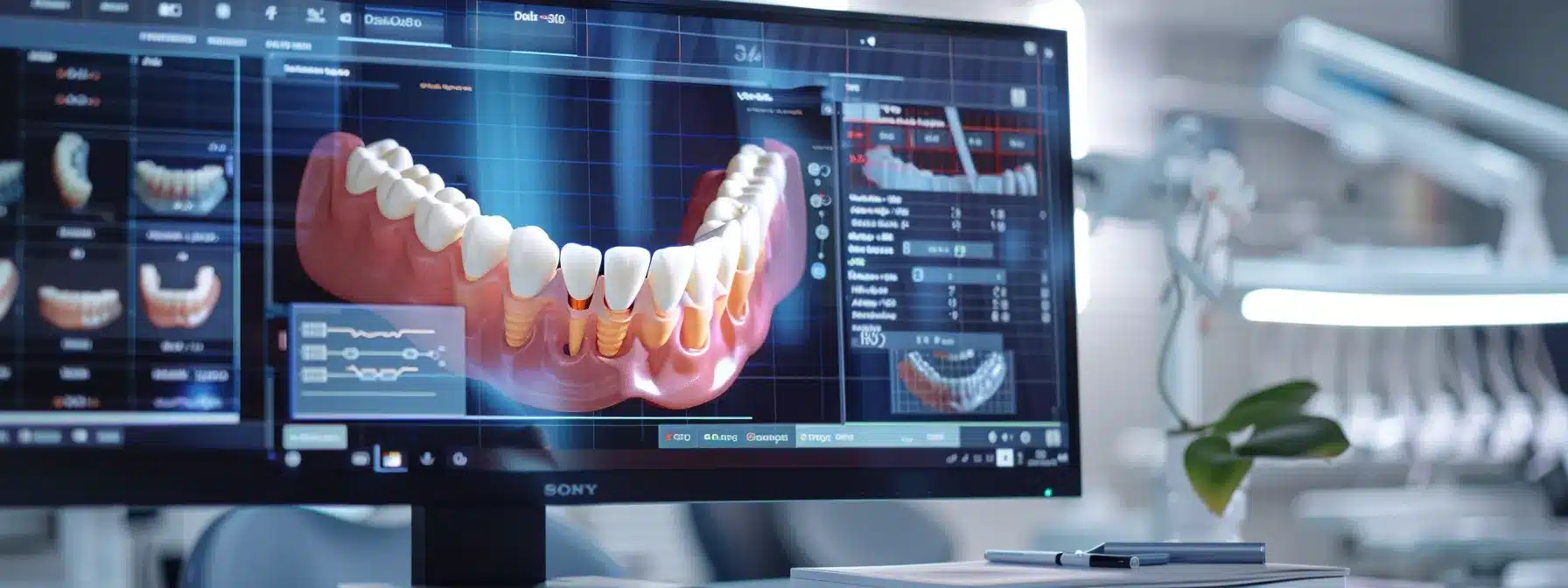 a sleek, modern dental office in tyler, tx, showcasing a comparison chart between dentures and implants on an illuminated screen, with a patient consulting a professional amid a clean, organized environment.