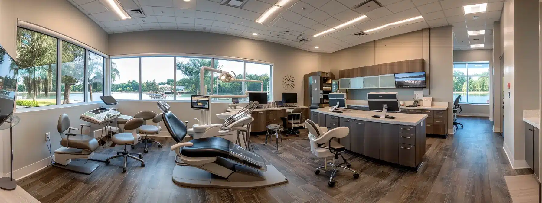 a sleek, modern dental office with a high-tech dental chair and advanced equipment, illuminated by bright, clinical lighting, emphasizes the importance of maintaining dental implants through routine checkups and professional care.