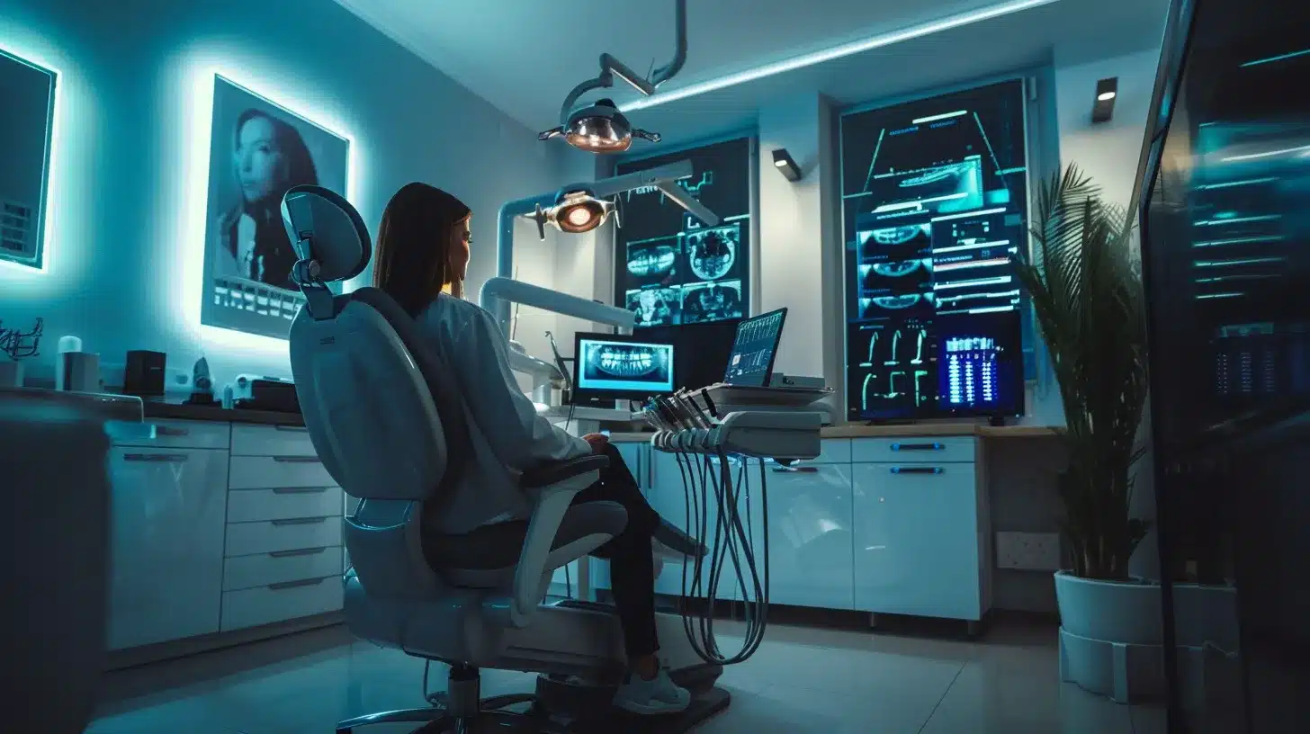 a sleek, modern dental office is captured in vivid detail, featuring a confident patient seated in a high-tech dental chair as a skilled professional prepares for the implant procedure, with advanced equipment and charts illustrating the journey to implant-retained dentures on the walls.