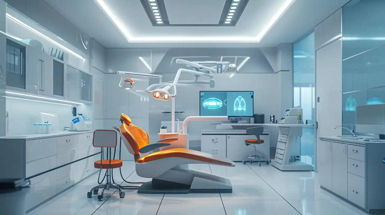 a sleek, modern dental office featuring a bright examination room with a dental chair, tools neatly displayed, and a digital screen showcasing instructional hygiene videos for implant retained dentures.