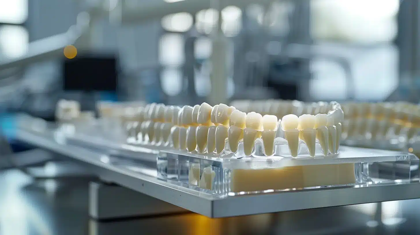 a sleek, modern dental office displays a meticulously arranged row of dental implants, bridges, and dentures, highlighted under precise lighting to emphasize their craftsmanship and durability, capturing the essence of advanced dental solutions and patient care.