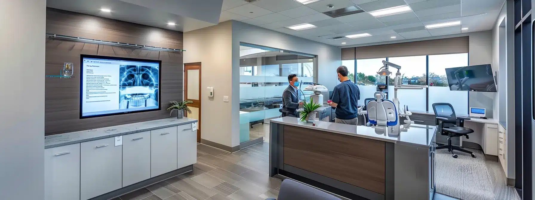 a sleek, modern dental office with a professional dentist discussing a comprehensive treatment plan with a patient, showcasing digital diagrams and visual aids on a tablet for clarity and engagement.