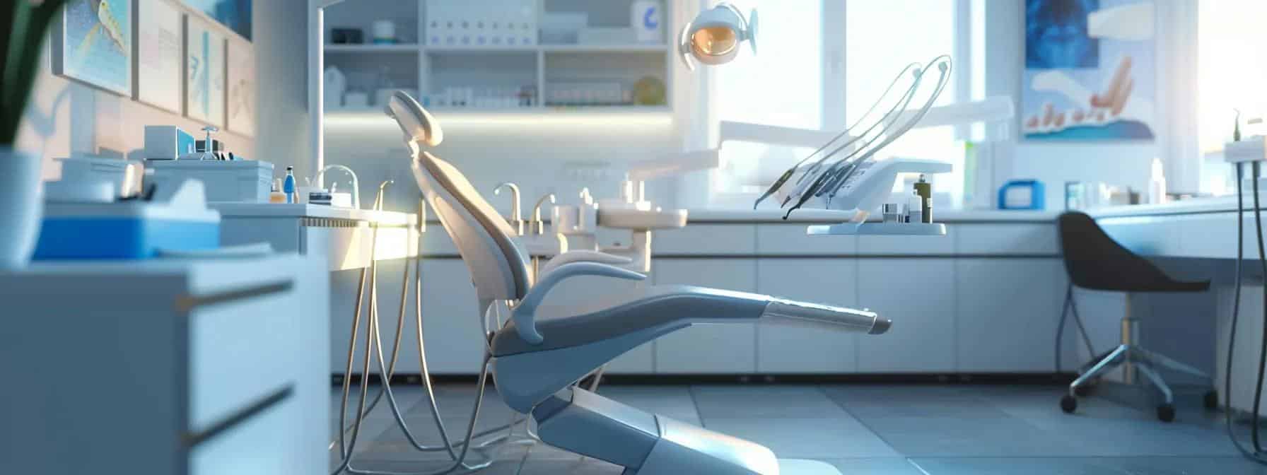 a sleek, modern dental office in fort worth, brightly lit and featuring a dental chair, where a patient engages in a consultation with a professional, surrounded by dental tools and hygiene products designed for maintaining dentures and implants.