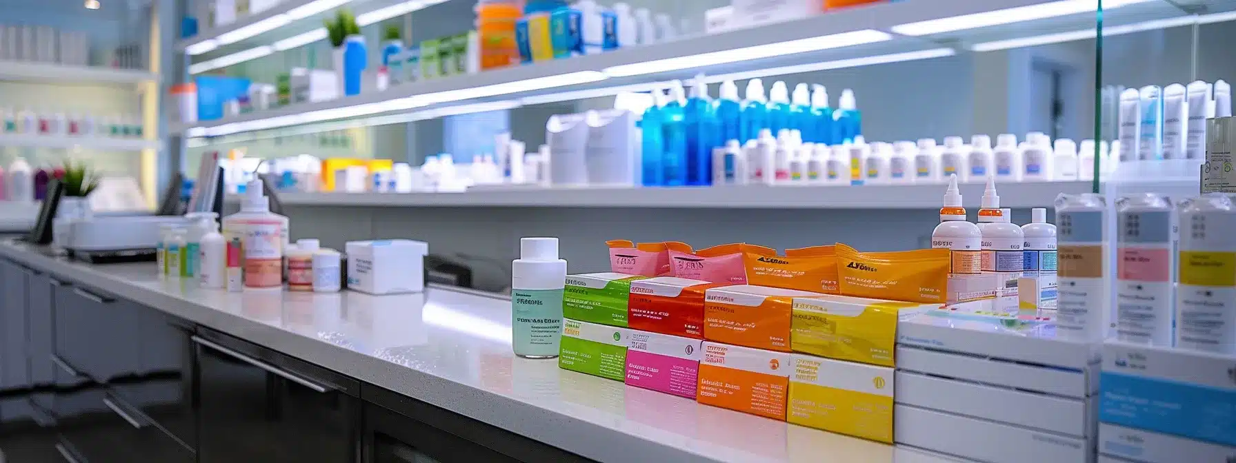 a sleek, modern dental office displays an array of colorful over-the-counter teeth whitening products, including boxes of whitening strips and tubes of gels, neatly organized on a polished counter under bright, clinical lighting, emphasizing consumer choice and innovation in cosmetic dental care.
