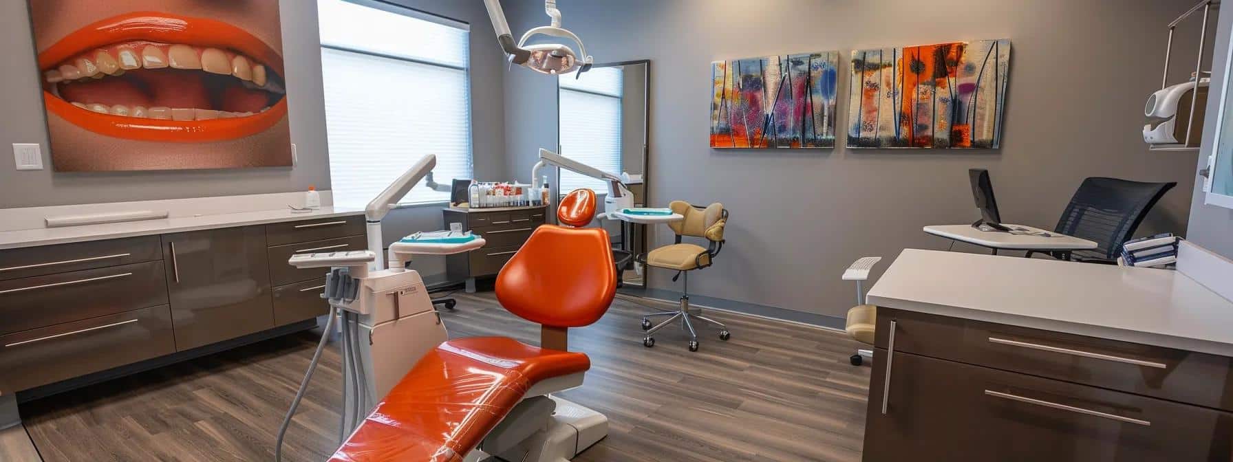 a sleek, modern dental office conference room features a large table covered with a detailed comparison chart of payment plan options, showcasing highlighted interest rates, repayment periods, and fees, set against a backdrop of vibrant artwork and contemporary furnishings to emphasize the importance of informed financial decisions in dental care.