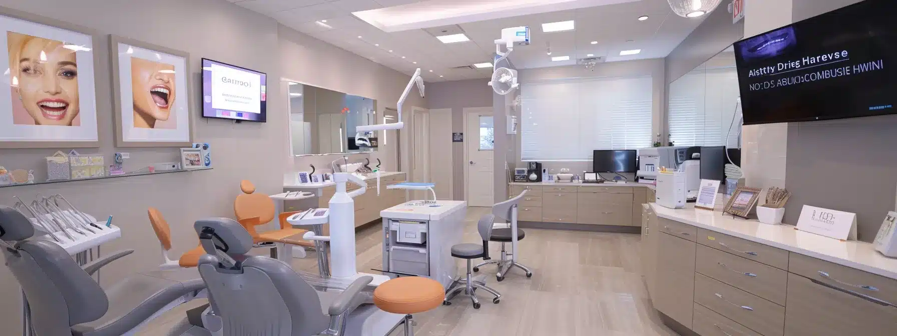 a sleek, modern dental office featuring a welcoming reception area with promotional flyers highlighting various dental discounts, alongside a digital display screen showcasing limited-time offers and a diverse group of patients engaged in discussions about services.