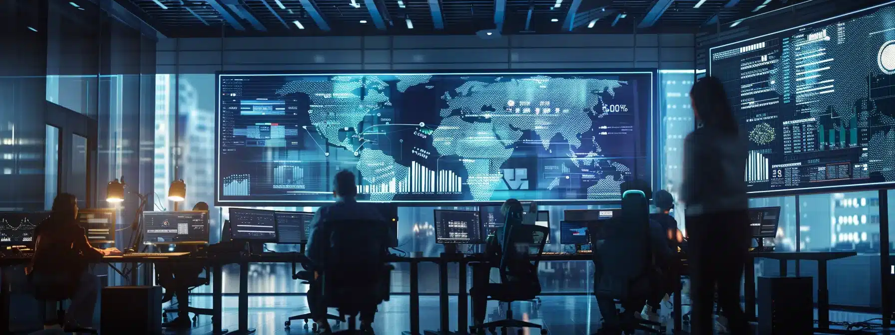 a sleek, modern office environment showcases a team of professionals engaged in a dynamic discussion around a digital presentation, emphasizing their analysis of extraction service providers with high-tech equipment and data visuals on a large screen.